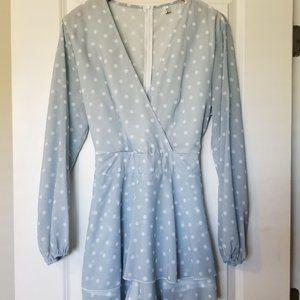Baby Blue Polka Dot Long Sleeve V Neck Chiffon Romper Women's Size Large